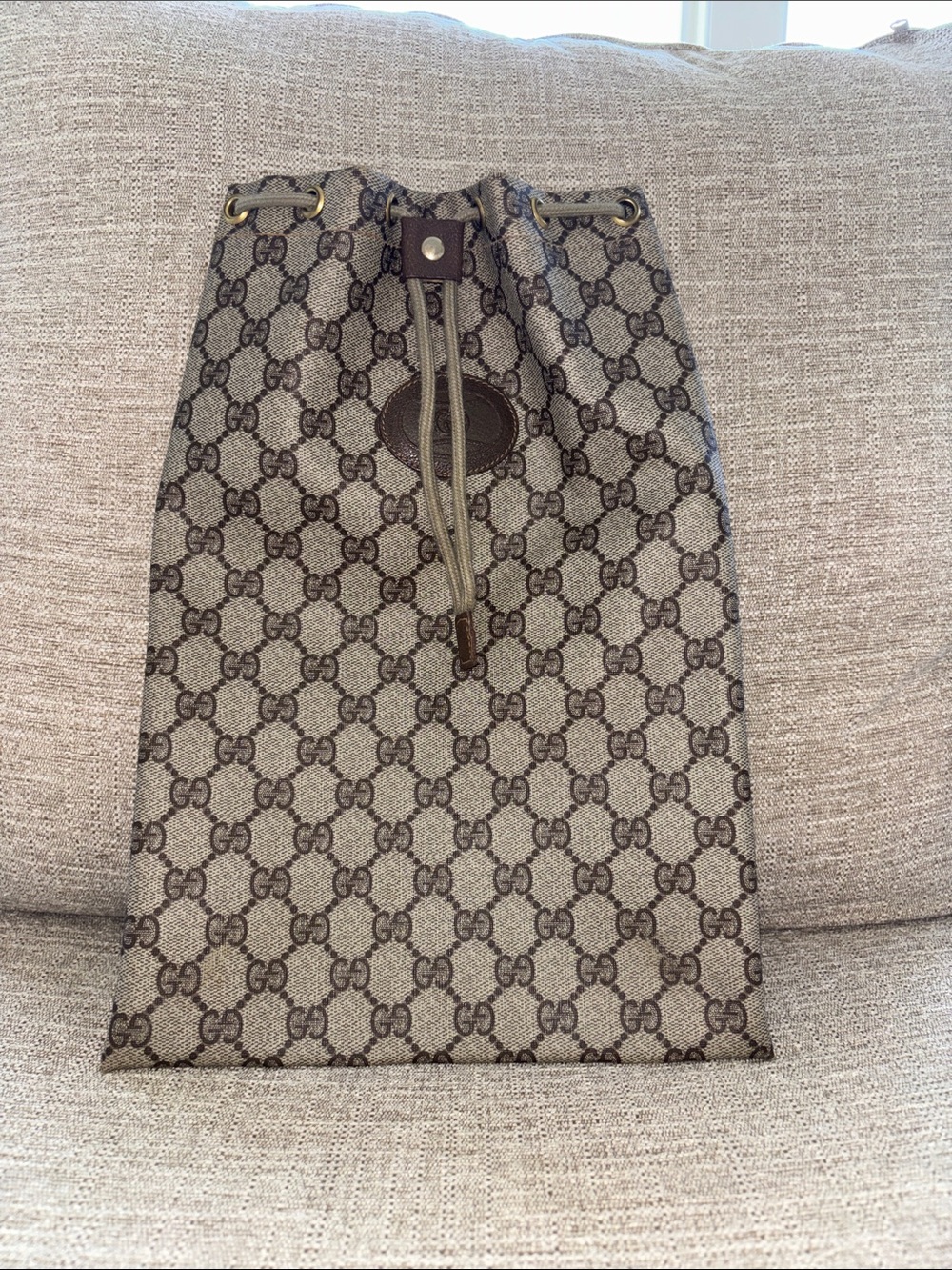 Gucci Beige Brown GG Canvas Drawstring bag